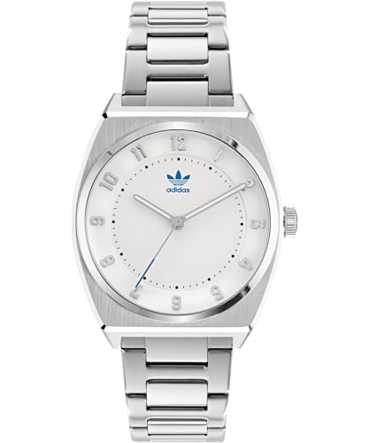 Adidas Reloj analógico de acero inoxidable para hombre, esfera blanca, color de la correa: plateado, blanco, Tourbillon