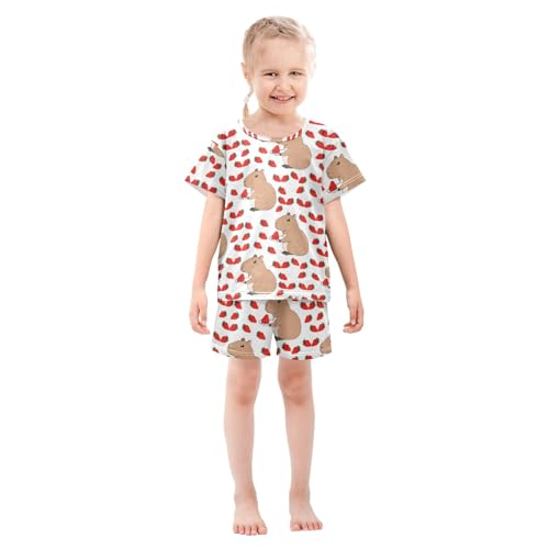 Capybara with Strawberry Summer Cute Pajama Sets, Short Sets for Sleep Wears3