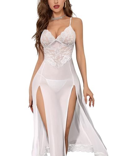 Image of Foxiny Sexy Split Mesh Lace Floral Sheer Babydoll Lingerie Outfit Dress 2 Piece with Thong Set