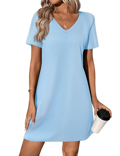 Ekouaer chemise de nuit coton femme, manches courtes col V bleu clair XL