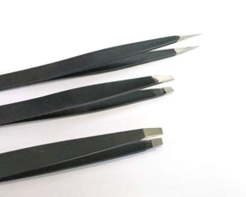 Image of Alis Professional Stainless Steel Tweezers Set - 3 Pieces Combo Set | Great Precision for Facial Hair, Eyebrows Extensions, Ingrown Hair, Splinter, Blackhead, Nose Hair Remover (Black)