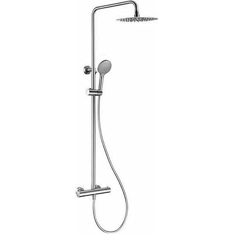 VALAZ Brushed Steel Round Thermostatic Shower Rod Height Adjustable Rain Effect with 25cm Sprayer Cover