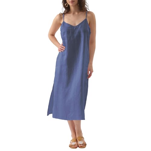 Image of Amazhiyu Women's Pure Linen Summer Midi Split Slip Dress | V Neck, Spaghetti Strap, with Pockets