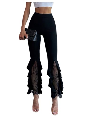 GORGLITTER Women's Lace Goth Bell Bottom Pants Mesh Flare High Waisted Flared Leggings
