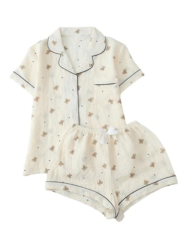 Image of BEAUDRM Women's Two Piece Pajama Sets Allover Print Short Sleeve Sleepwear Button Down Shirt and Bow Shorts Pj Set Loungewear