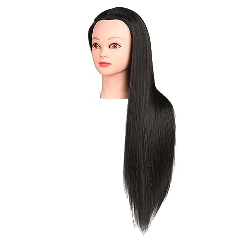 perfeclan Cabeza de entrenamiento para el cabello, cabeza de muñeca de maniquí, pelo largo de fibra sintética, cabeza de maniquí para trenzar peluquería, Negro con maquillaje