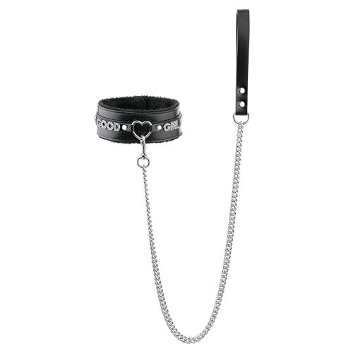 ADEMISHIA Black Furry Heart Ring Leather Choker and Leash Set Punk Gothic Grunge Emo Necklace For Women Rhinestones Letter Collar with Durable Aluminum Chain Leash