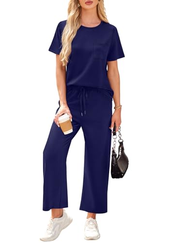 Image of WIHOLL 2 Piece Sets for Women Casual Summer Travel Vacation Outfits Short Sleeve Wide Leg Crop Pants Lounge Sets