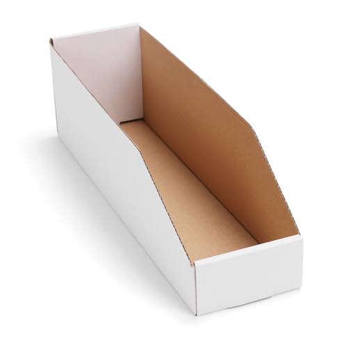 Image of EXYGLO Cardboard Storage Bins 35 Pack, 15x4x4.5 Inch Cardboard Boxes, Corrugated Organizer Bins for Pantry, Shelves, Garage, Office, Shop, White
