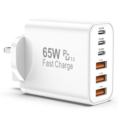 USB C Plug Fast Charge 65W 6-Port Multi USB Charger Plug UK Power Adapter + Wall Plug port 25W(MAX) Type C Charging Plug for iPhone 17 16 15 14 13 12 11 Pro Max XS XR8 for ipad-3 Type C+3 USB A