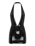 Oyolan Women Latex Tight Mini Dress Metallic Sexy Halter Plunging V Neck Bodycon Dress Party Clubwear Black Small