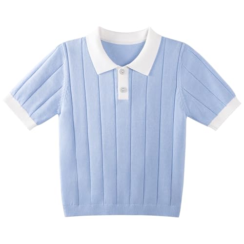 Danny D Girls Short Sleeve Polo Shirt V Neck Button Down Shirts Summer Knit School Uniform Crop Tops