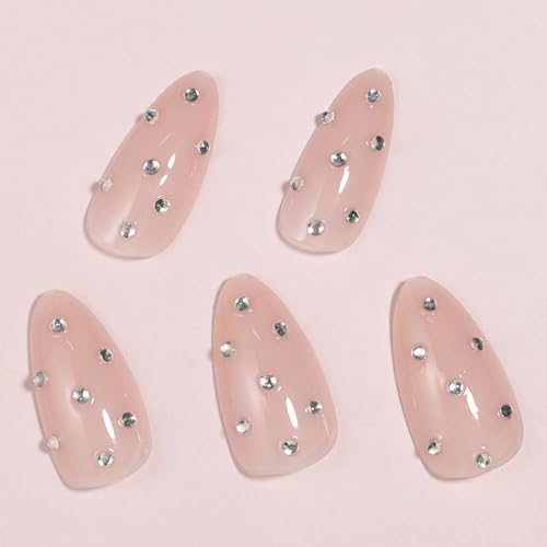 Image of NBNTGH Nude Rhinestone Rhinestone Press On Nails Medium Almond False Nails 24Pcs Glue On Nails Artificial Acrylic Full Cover Glossy Stick On Nails