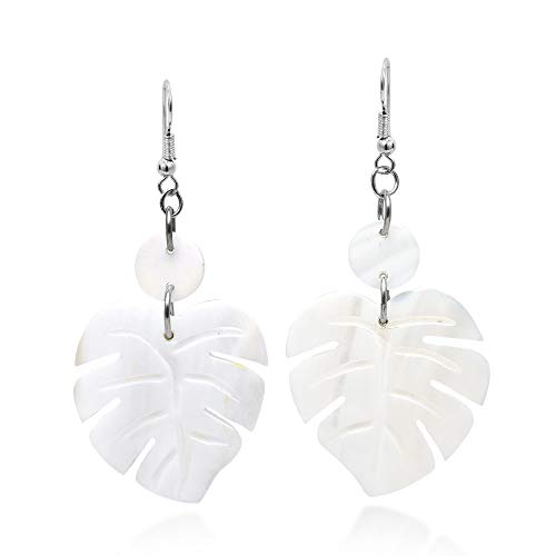 AeraVida Enchanting Nature Summer Leaf White Kabibe Shell Dangle Earrings | Boho Style Sterling Silver Dangle Earring for Women | Jewelry Gift