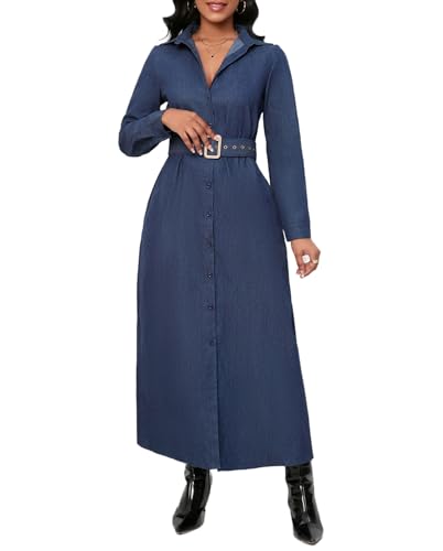 Denim Maxi Shirt Dress for Women Long Sleeve Button Down Belted Casual  Dress Prom Dress with Pockets - Product Details