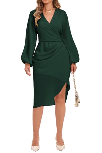 Image of Women's Wrap V Neck Asymmetrical Hem Midi Ruched Cocktail Evening Dress | Back Zipper, Regular Fit, Club Night, Semi Office Formal, Wedding Dinner Date, Flutter Short Sleeve