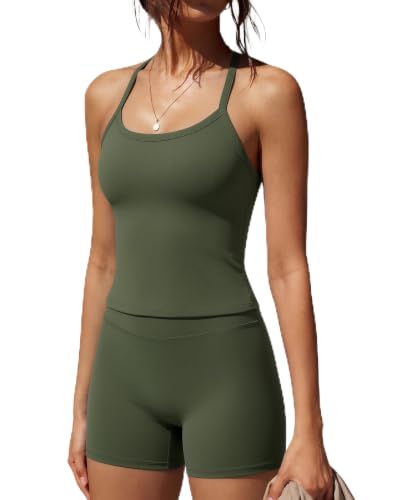Image of SUUKSESS Women 2 Piece Workout Sets High Waisted Tummy Control Biker Shorts Halter Padded Tank Tops