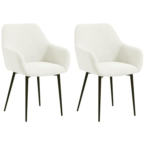 HOMCOM Dining Chairs Set of 2, Modern Velvet-Look Fabric Upholstered Kitchen Chairs with Backrest, Armrests and Steel Legs for Dining Room, Living Room, Cream White