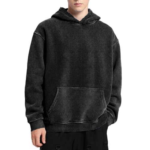 Dnzzs Men's Oversized Acid Wash Hoodies Heavyweight Cotton Fleece Sweatshirt Loose Fit Fall Winter Casual Streetwear Pullover,Black,Medium
