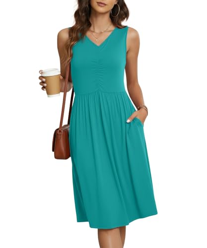 Image of NILOUFO Sleeveless Dress for Women Summer Knee Length Sundress with Pockets | Sundresses for Women Tank Empire Waist Sun Dress Cold Shoulder Casual V Neck Midi Dress Flowy Summer Dresses for Women