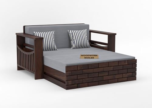 Image of Solid Sheesham Wooden Sofa Cums Bed with Mattresses for Living Room | Rosewood 2 Seater Sofa Cums Bed for Bedroom Without Pillow (B-Walnut Finish)