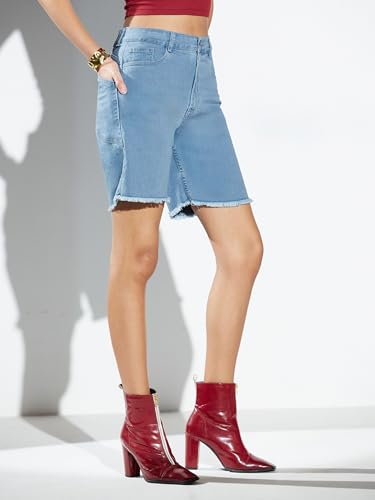 Image of Miss Chase Women's White Regular High Rise Clean Look Regular Stretchable Denim Shorts
