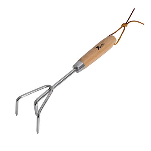 Xclou Rastrillo cultivador con Mango de Madera – Horca de Acero Inoxidable...