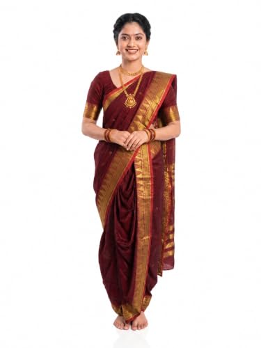Image of Mom and Me Women Ready to Wear Nauvari Saree, Maharashtrian Peshwai Paithani, 9 Yard Readymade, Acrylic Cotton, Free Size, Traditional Ethnic Saree, with Blouse Piece