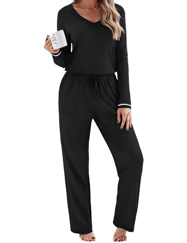 Litherday Pijama Mujer Invierno Algodón 2 Piezas Conjunto Ropa de Dormir Suave con Cuello en V Pantalón Largo y Bolsillos Pijama Cómodo para Casa Relax Negro M Litherday Pijama Mujer Invierno Algodón 2 Piezas Conjunto Ropa de Dormir Suave con Cuello en V Pantalón Largo y Bolsillos Pijama Cómodo para Casa Relax Negro M