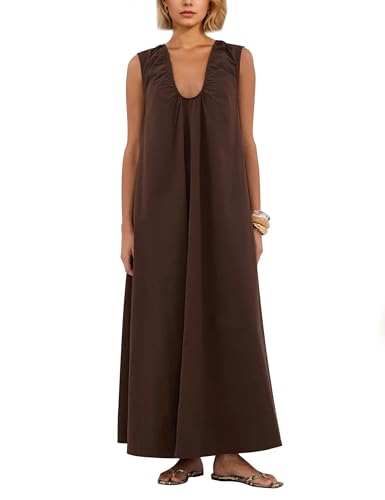 OLAPTA Women Summer Sleeveless Maxi Dress Scoop Neck Ruched Loose Fit Casual Elegant Solid Vacation Long Dress with Pockets(Small,Brown