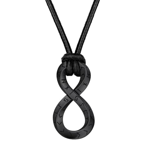 FaithHeart Norse Viking Rune Necklace with Adjustable Braided Leather/Stainless Steel Rope Chains for Men Women, Vintage Amulet Jewelry Gift with Delicate Box 02. Mobius Infinity-Black Stain