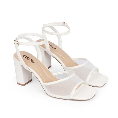Image of Easyfox Open Toe Chunky Heel Sandals for Women Ankle Strap 3 Inch High Heels Dress Wedding Block Shoes