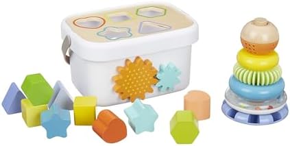 Amazon Basics Klassisches Spielzeug-Set aus Holz mit Formensortierspiel und Regenbogen-Stapelspiel, Mittel, 16 Stück, Mehrfarbig
