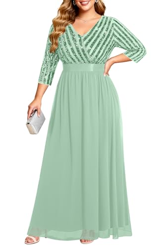 Image of Plus Size Formal Dresses V Neck 3 /4 Sleeve Sequin Prom Evening Maxi Dress | Sequin fabric, V neck 3 /4 sleeve design, plus size formal prom wedding guest evening dress