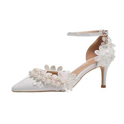 Lace Pearl Decoration Ladies High Heels Whit Wedding Shoes Women's White Bridal Pumps