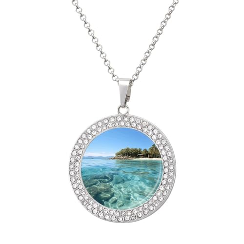 STVNKML Collier ras du cou avec pendentif en forme de cercle pour femme, motif île des Fidji et mer transparente, collier ras du cou à breloques en forme de disque de diamant pour anniversaire