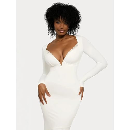 Image of Popilush Long Sleeve Cocktail Dress for Women Shapewear Tummy Control Party Dresses Deep V Neck Lace Mermaid Maxi Dress