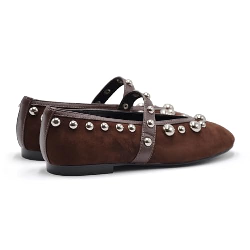 Studded Suede Ballet Flats for Women with Leather Strap Round Toe Slip on Ballet Shoes Comfortable Dessy Shoes4