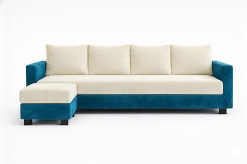 Image of SOCOZI Braven 5 Seater L Shape Sofa Set with Movable Ottoman | Flexible Layout | Soft Velvet Suede Fabric | Modern Design | Plush Comfort Cushions for Living Room (Blue-Cream)