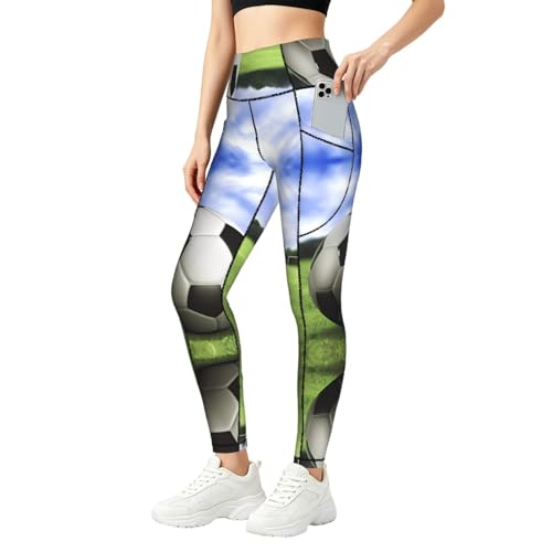 WBQLSL Pantalones de yoga con bolsillo para mujer, con fondo de balón de fútbol, leggings elásticos suaves de cintura alta para entrenamiento, gimnasio, uso diario, Negro, 3XL-5XL