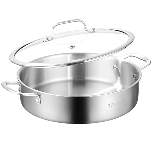 Image of DELARLO 8QT Tri-Ply Stainless Steel Saute Pan With Lid, Jumbo Cooker 13 Inch Deep Frying Pan, Induction Large Skillet, Cooker Pan for Chefs, Dishwasher & Oven Safe