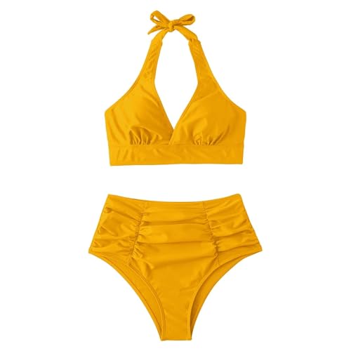 VaiKanhai Conjunto de bikini de cintura alta con cuello en V para mujer, traje de baño vintage de dos piezas, traje de baño retro con medias 10 camisetas negras, Ye1, XXL