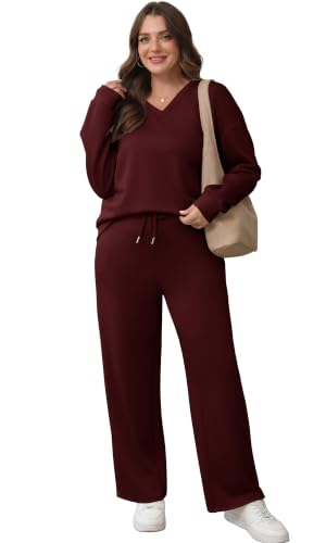 Image of WIHOLL Lounge Sets for Women 2026 V Neck 2 Piece Outfits Airport Wide Leg Pants Matching Set Sweatsuits