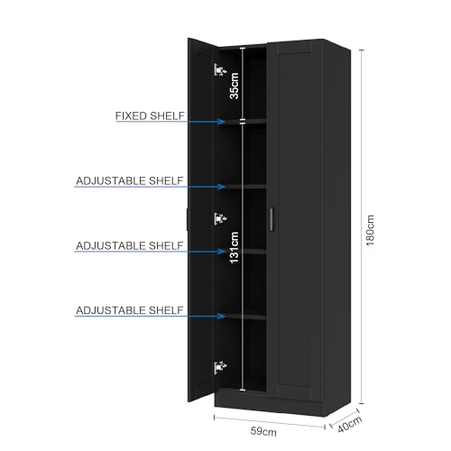 Panana Wooden Storage Cabinet, Freestanding Tall Kitchen Cupboard Sideboard Organizer Unit With 2 Doors & Adjustable Shelves, High Utility Cabinet for Living Room, Bedroom, Kitchen and Hallway (Black) - Image 3