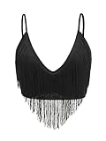 Verdusa Women's Fringe Trim V Neck Sleeveless Ribbed Crop Cami Top Black M