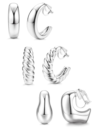 Image of BESTEEL 3Pairs Clip on Earrings for Women Trendy Hypoallergenic 14K Gold Plated Chunky Tube Croissant Waterdrop Clip-on Hoop Earrings Set Fake Jewelry Non Pierced Ears