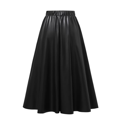 Women's High Waist A-Line Skirt - Slimming Elastic Waist Faux Leather Long Skirt, Princess Style Formal/Casual Wear2
