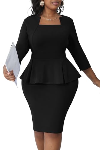 Runwind Plus Size Dress for Curvy Women Midi Church Wear to Work Bodycon Vintage Peplum 3/4 Sleeve Sheath Pencil Dress