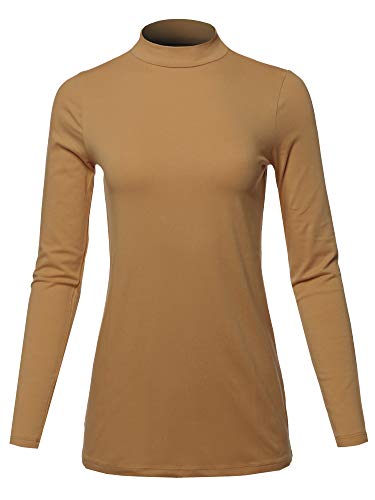 A2Y Basic Solid Soft Cotton Long Sleeve Mock Neck Top Shirts, Yawtel0002 Coffee, Medium