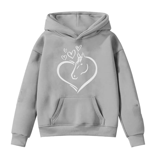 Generisch Sudadera con capucha de manga larga con estampado de caballos para niños, gris, 12-13 años